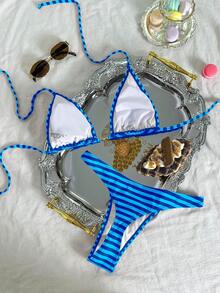 Swim Mod Women's Tropical Print Two Pieces Bikini Set Set With Metal Decor, Vacation Casual Bikini - Multicolor - View 3