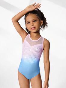 2pcs/Set Young Girls' Gymnastics Leotard And Shorts Set, Cute Printed & Rhinestone Decor, Suitable For Casual Sports, Competition - Multicolor - View 5