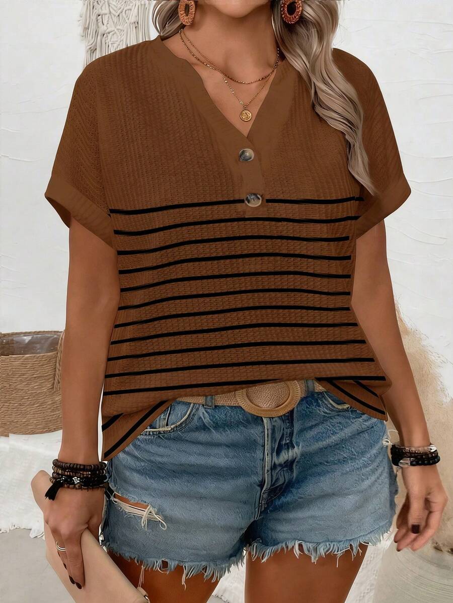 EMERY ROSE Plus Size V-Neck Button Striped Loose Short Sleeve T-Shirt - Coffee Brown - View 1