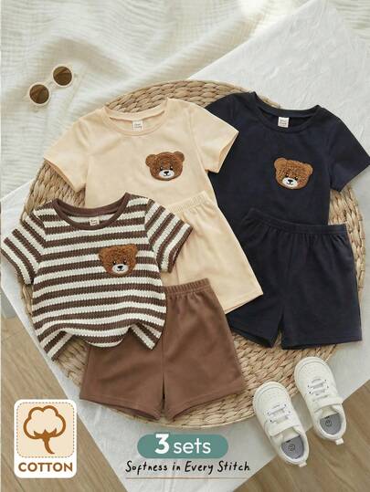 Cozy Pixies 6件套男婴卡通熊印花圆领短袖上衣和松紧腰短裤套装