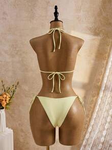 Swim Mod 2026 SS Women's Yellow Summer Cute Beach Holiday Swimwear Set,Fresh Multi-Layer Ruffle Faux Plumeria 3D Decor Bow Tie Triangle Bikini Set,2pcs Outfit - Light Yellow - View 8