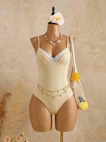 Bellisia 26SS 女士春夏连体泳衣，清新甜美蝴蝶结蕾丝饰边，适合海滩、度假、下午茶、野餐，带可拆卸衬垫，提供上托支撑。 - 淡黃色 - 查看 3