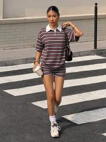 Muchica Women's Multicolor Striped Knitted Polo Top With Short Sleeves And Matching Shorts Casual Two-Piece Outfit - Multicolor - View 4