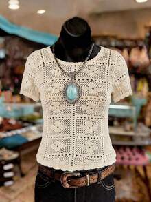 LanaWest 女士休闲西部镂空花卉针织毛衣上衣 - 杏色 - 查看 8