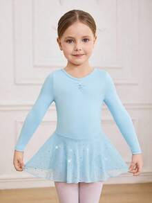 Robe de danse en maille tricotée bleue avec sequins pour jeunes filles, style mode outdoor. Justaucorps de danse ajusté avec nœud papillon dans le dos, stretch doux - Bleu azur - Voir 2