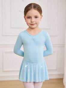 Robe de danse en maille tricotée bleue avec sequins pour jeunes filles, style mode outdoor. Justaucorps de danse ajusté avec nœud papillon dans le dos, stretch doux - Bleu azur - Voir 5