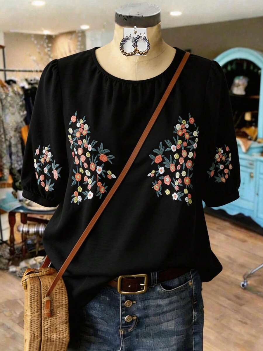 Linhara Plus Size Summer Casual Floral Embroidery Round Neck Shirt - Black - View 1