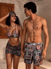 Azuldrift Men's Geometric Pattern Drawstring Waist Beach Shorts Men Swim Trunks Geometric Hawaiian Shorts For Men Men Swim Trunks Brown - Coffee Brown - View 3