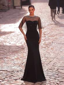 Aureia 优雅浪漫时尚的黑色弹力网纱拼接水钻装饰鱼尾裙，适合优雅派对、婚礼宾客着装、正式晚礼服。 - 黑色 - 查看 4