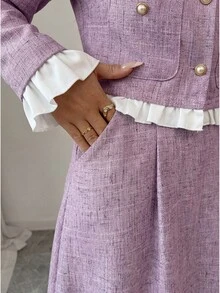 Elenzga Đầm không tay phối màu xanh trắng với túi cài khuy, trang phục công sở thanh lịch, thoải mái dành cho nữ. - Màu tím - Xem 3