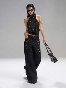 LYSMO Áo hai dây lửng nữ màu đen chấm bi, kiểu dáng thường ngày, thiết kế hở lưng. - màu đen - Xem 4