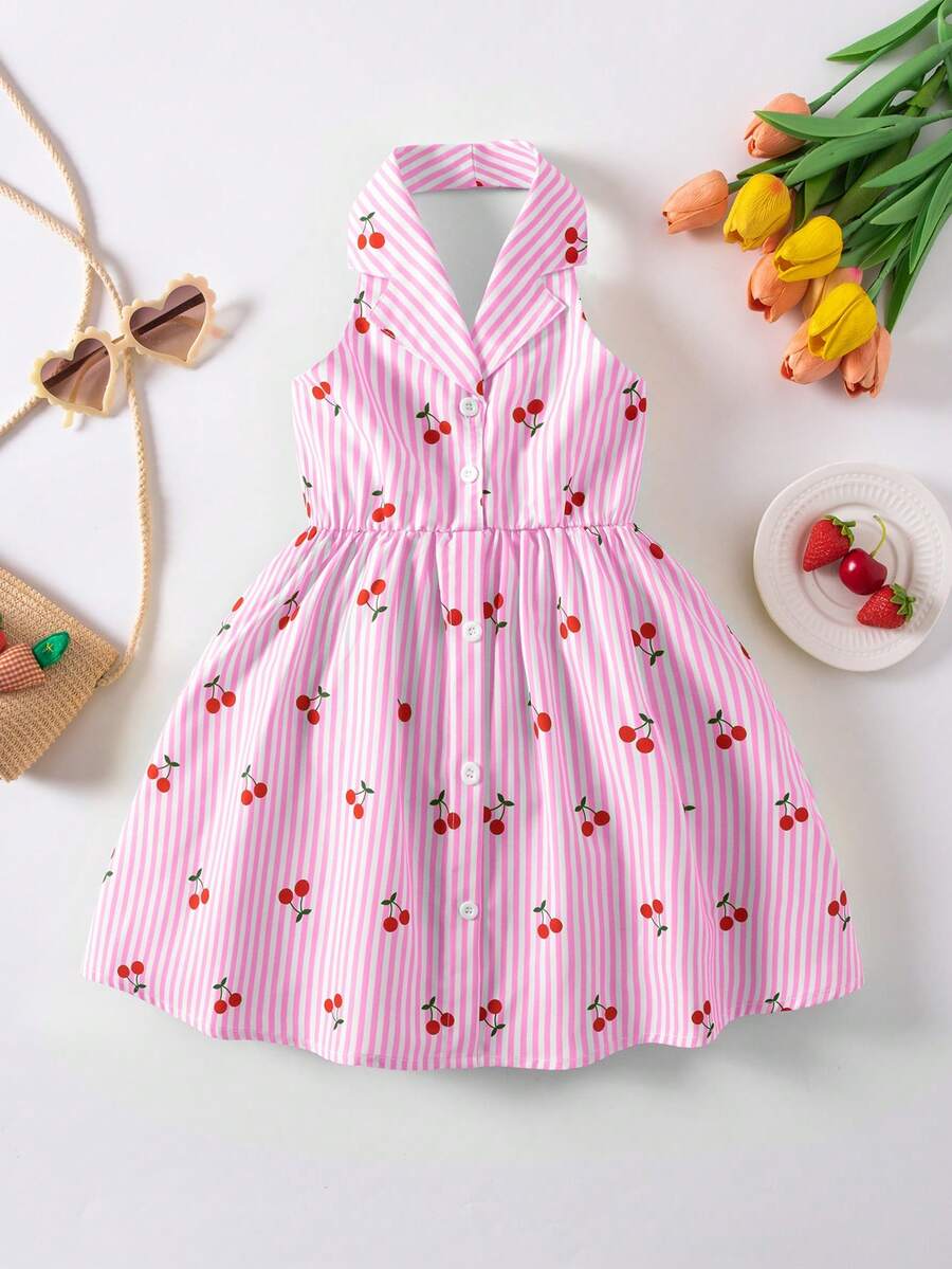 SHEIN Casuvi Kids 花园女孩夏季新款时尚Polo领露背吊带束腰甜美度假风连衣裙,少女正式连衣裙 - 粉色 - 查看 1