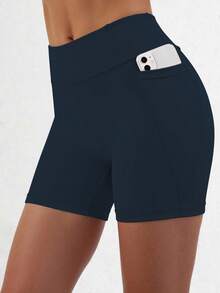 Dark Blue Athletic Shorts For Tween Girls, Featuring A Creative Paneled Construction With Functional Side Pockets, Made From High-Stretch Comfortable Fabric For Unrestricted Movement, Ideal For Cycling, Jogging, Yoga Sessions, And Versatile Training Activities - Navy Blue - View 3