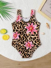 Baby Girls Beachwear,Cute Multi-Color Knitted Fabric Leopard Flower Print Swimsuit,Holiday Summer Vacation Beach Pool Party Elegant Fashion Swimwear - Multicolor - View 2
