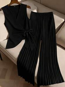 Elenzga Bộ đồ nữ cỡ lớn thời trang thường ngày gồm áo blazer cài nút và quần dài xếp ly (2 món). - màu đen - Xem 3