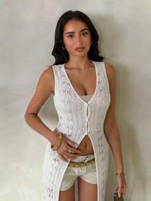 Glamine Vintage Romantic French Vacation Style Hollow-Out Long Vest - White - View 6