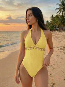 Bellisia 2026春夏女士沙滩连衣裙，连体式，优雅浪漫甜美花卉纹理面料，波西米亚风精致贝壳链装饰，可拆卸胸垫，蝴蝶结肩带，挂脖式连体泳衣，多种颜色可选，浅粉色，甜美可爱，清新优雅，浪漫度假，2026春夏新款，新年，情人节，返校季，旅行季，适合度假、海滩、下午茶野餐、派对、日常穿着、休闲、户外运动，时尚百搭 - 淡黃色 - 查看 8