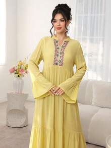 SHEIN Najma 浪漫优雅黄色立领喇叭袖荷叶边下摆连衣裙，春夏款 - 黃色 - 查看 6