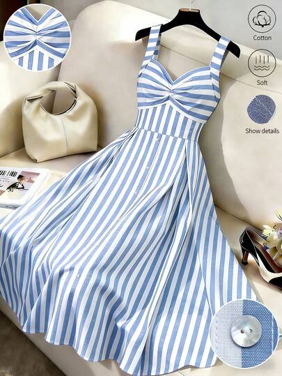 Qadelle Women's Elegant Striped V-Neck Rivet Decor A-Line Casual Mid-Length Dress