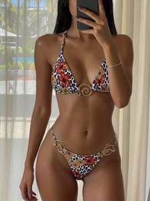 Swim Vcay Women's Leopard Print Floral Swimsuit Set - Coffee Brown - View 1