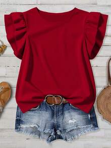 SHEIN VCAY Plus Size Women's Solid Color Round Neck Pleated Casual Versatile Daily Wear Blouse - Red - View 1