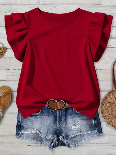 Mellowie Plus Size Women's Solid Color Round Neck Pleated Casual Versatile Daily Wear Blouse