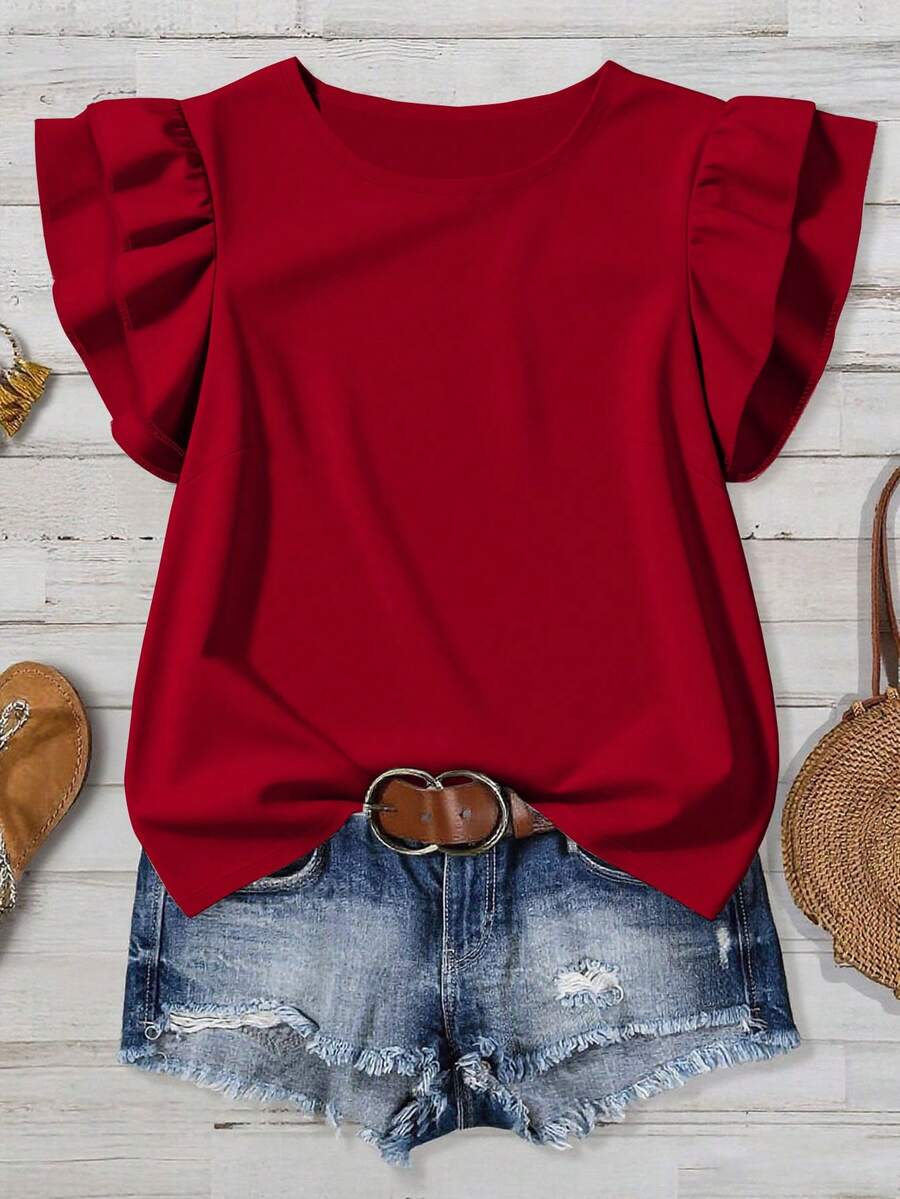 SHEIN VCAY Plus Size Women's Solid Color Round Neck Pleated Casual Versatile Daily Wear Blouse - Red - View 1