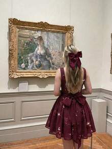 SHEIN MOD 大码复古酒红色亮片刺绣迷你连衣裙，适合春夏度假、假日约会，露背蝴蝶结装饰A字裙 - 酒紅色 - 查看 6