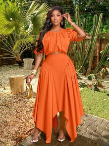 Brilight Women's Beach Vacation Style Puff Sleeve Ruched Waist-Cinching Blosue And Asymmetric Hem Handkerchief-Hem Structured Panel Maxi Skirt Two Pieces Outfit,Perfect For Commute And Vacation,Music Festival Sexy Club School - Orange - View 1