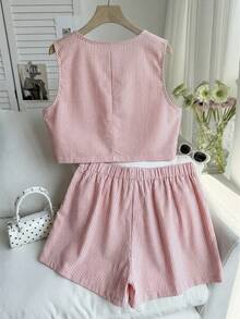 Comfortcana Bộ áo vest và quần short kẻ sọc đỏ cỡ lớn, trang phục thường ngày mùa hè cho lễ tốt nghiệp, tựu trường, trang phục giáo viên mùa thu/đông. - Đỏ - Xem 5