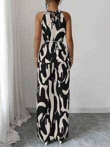 Selianne Bộ áo hai dây xếp ly bằng vải in họa tiết dành cho nữ, thích hợp cho kỳ nghỉ và mặc hàng ngày, bộ áo liền quần cổ yếm thanh lịch và duyên dáng cho phụ nữ, áo liền quần ống rộng, áo liền quần sang trọng, áo liền quần đen trắng. - màu đen - Xem 2