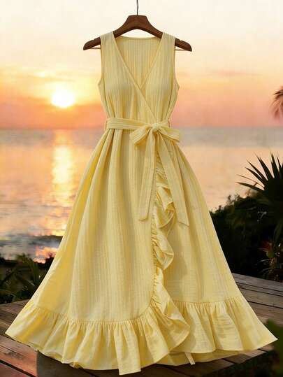 Franclia Vestido midi de línea A con volantes y pliegues, estilo casual y elegante francés para vacaciones, sin mangas, cuello cruzado en V, color amarillo