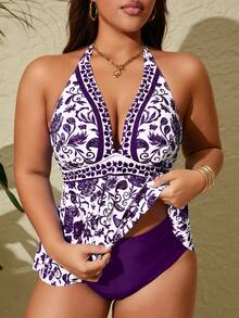 Swim Lushoire Plus Size 2pcs Multicolor Printed Spaghetti Strap Backless Bikini Set - Purple - View 3