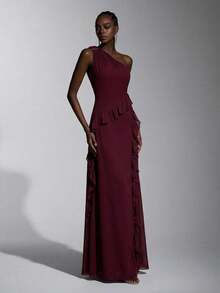 Elitara Old Rose Summer Elegant Formal Event Prom Wedding Chestnut Chiffon Asymmetrical Shoulder Metal Buckle Ruffle Hem Front Slit A-Line Party Dress - Maroon - View 8