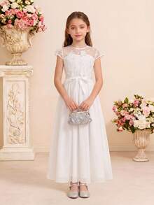 Pitira 少女白色纯色网纱刺绣透视拼接腰部连衣裙，白色公主裙，适合花童、婚礼季、情人节、派对、生日、春节等场合 - 白色 - 查看 7