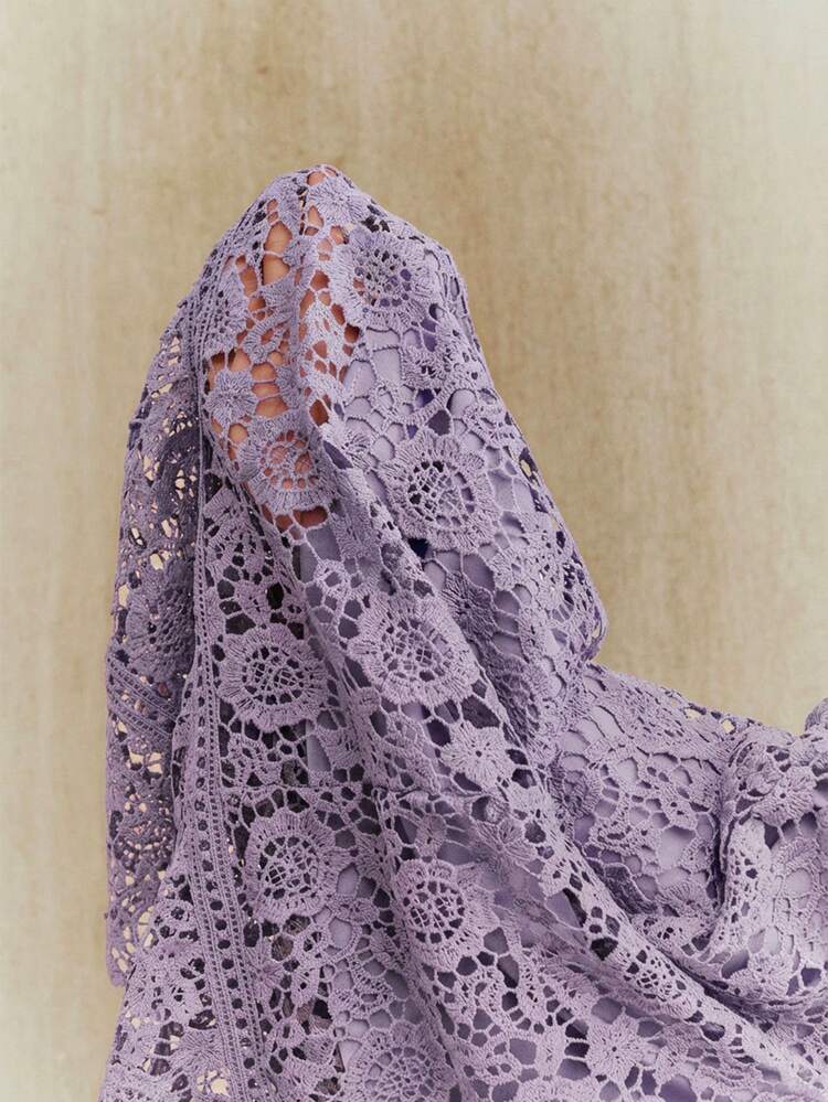 Women's Exquisite Elegant Lace Water-Soluble Embroidery Patchwork Short Sleeve Lavender Summer Dress