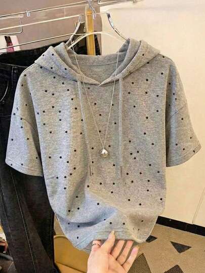 Resyla Áo thun ngắn tay có mũ in họa tiết chấm bi, thích hợp làm quà tặng cho bạn bè.