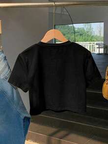 女士卡通熊印花休闲短袖T恤 - 黑色 - 查看 2