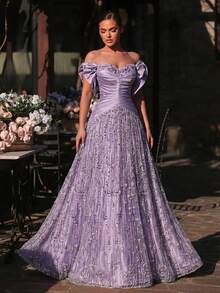 Glamrae 优雅浅灰紫色奢华3D珠绣连衣裙，宽肩带方领束腰手工编织绳腰带，超大A字裙摆，适合约会、度假、单身派对、婚礼、女士晚礼服 - 淺灰紫 - 查看 7