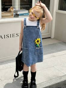 Elladie kids Young Girls' Denim-Effect 2-Piece Set, Ribbed Tank Top And Adjustable Denim Pinafore Dress With Sunflower Decor, Summer, Matching, Family Vacation - Blue - View 4