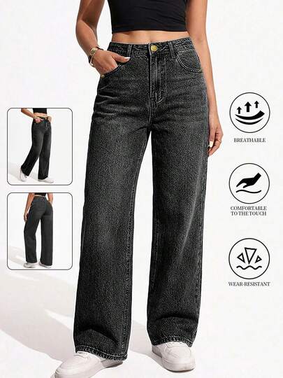 Jeans Rectos Clásicos Lavados para Mujer - Pierna Recta, Sin Elastizar, Color Sólido, Estilo Urbano, Uso Todo el Año