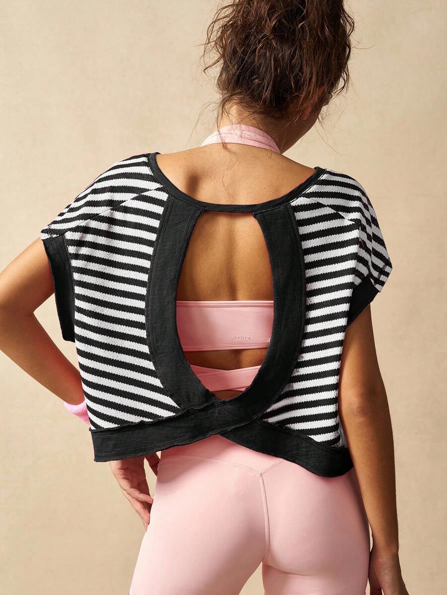 VARSIVA Áo tập thể dục nữ, áo thun và áo tank top thể thao kẻ sọc thời trang, thích hợp cho mùa hè. - Đen và trắng - Xem 1