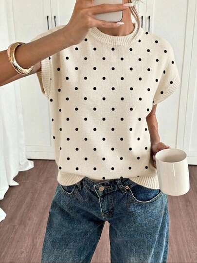 Siren Gaze Women's Casual Minimalist Mediterranean Black & White Polka Dot Block Sweater - Spring/Summer Old Money Soft Girl Vintage Style, Perfect For Work, Vacation, Back To School, Music Festival, Afternoon T