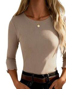 女士纯色圆领罗纹修身休闲T恤 - 杏色 - 查看 4