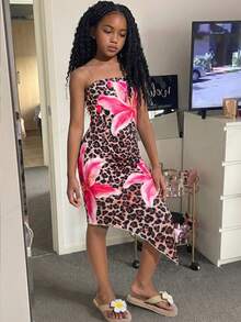 SHEIN 少女豹纹碎花修身不对称下摆抹胸连衣裙 - 彩色 - 查看 4