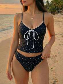 Swim Mod 女士蕾丝波点扭结吊带背心式比基尼套装，含三角裤，适合外出、海滩、下午茶野餐、派对等场合。 - 黑與白 - 查看 3