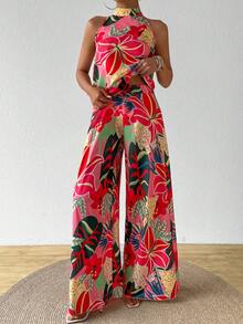 Breezaya Women's Bohemian Tropical Print Halter Neck 2 Pieces Set, Spring/Summer - Pink - View 7