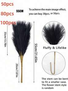 人造植物 仿真蒲苇 仿真蒲苇草 人造植物 100/80/50/20/15/10 株 55厘米/97厘米 黑色仿真蒲苇草，房间装饰 高大的仿真蒲苇花卉 大型仿真蒲苇草枝条植物，适用于客厅装饰落地花瓶，蒲苇草装饰，秋季装饰花瓶填充物，落地花瓶填充物，家居波西米亚风装饰 - 黑色 - 查看 15