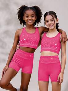 Bộ đồ thể thao cho bé gái tuổi teen, áo và quần short, màu hồng cánh sen | Chất liệu co giãn cao với các hạt pha lê lấp lánh, phù hợp cho tập thể dục dụng cụ và khiêu vũ. - Màu Hồng Tươi - Xem 2