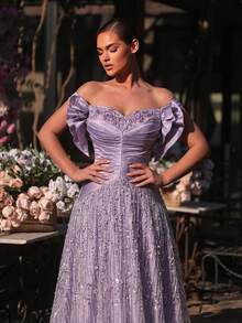 Glamrae 优雅浅灰紫色奢华3D珠绣连衣裙，宽肩带方领束腰手工编织绳腰带，超大A字裙摆，适合约会、度假、单身派对、婚礼、女士晚礼服 - 淺灰紫 - 查看 2